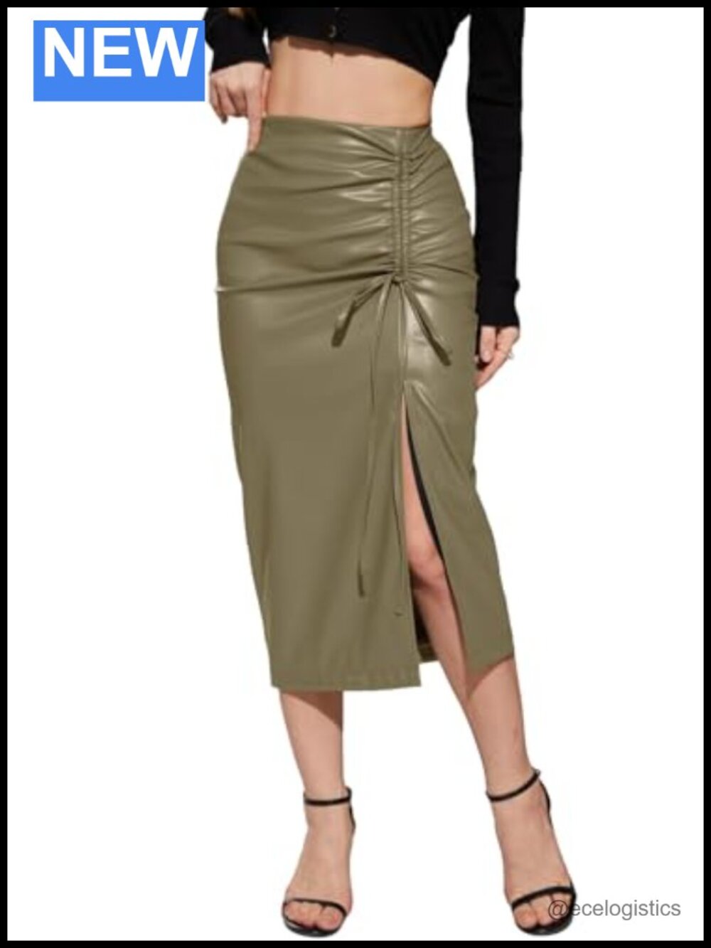 Faux Leather Asymmetrical Side Slit High Waist Midi Pencil Skirt
